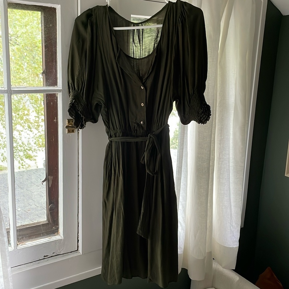 Anthropologie green linen blend mini dress